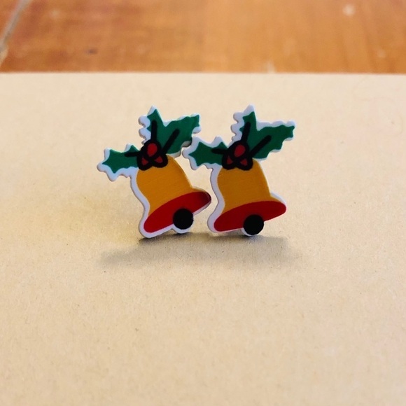 New! Festive Holiday Holly Bell Stud Earrings - Picture 5 of 8